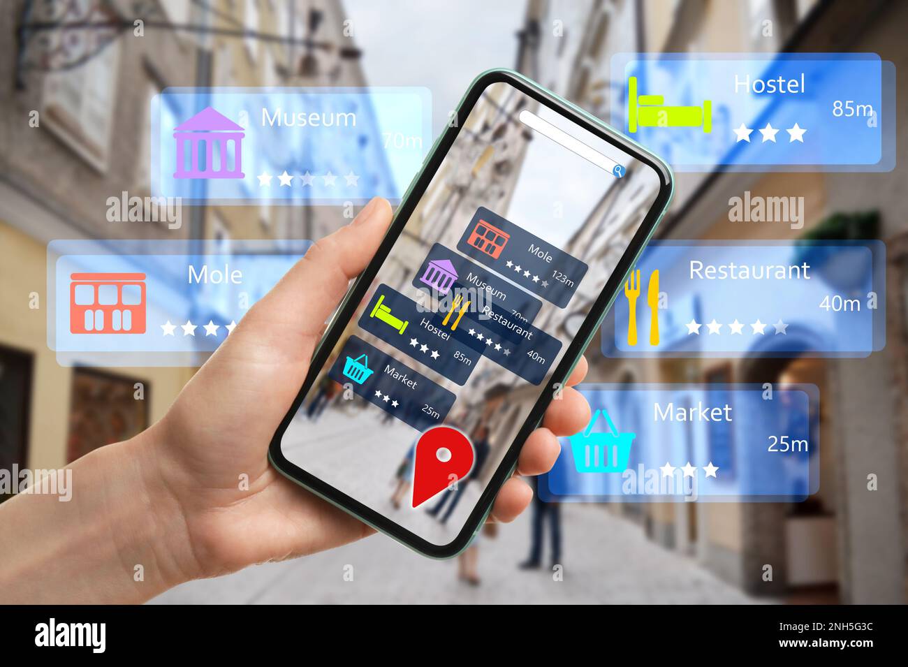 Tourist using online guide application on smartphone for navigation in ...