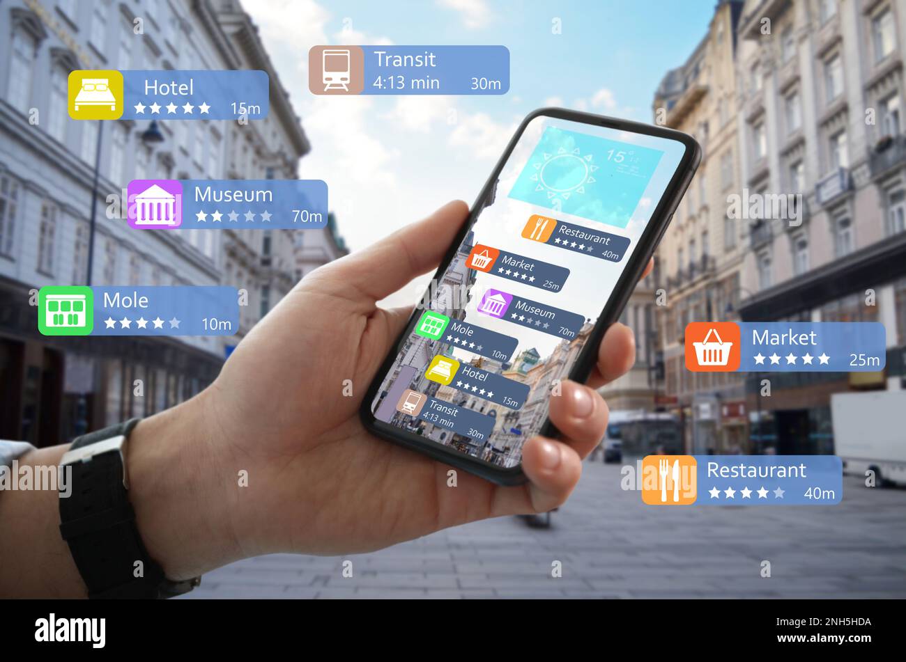 Tourist using online guide application on smartphone for navigation in