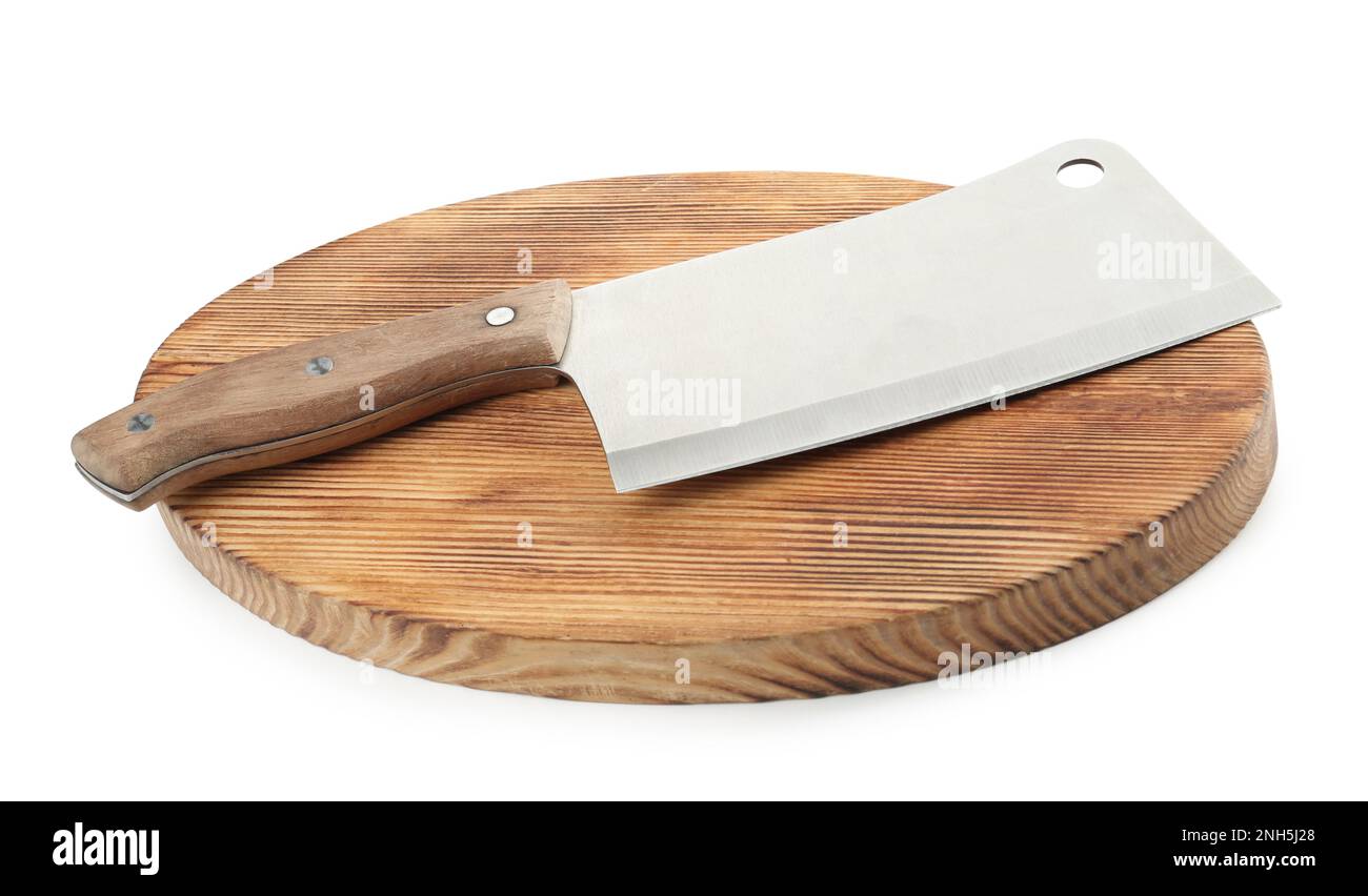 Large sharp cleaver knife with wooden board isolated on white Stock ...