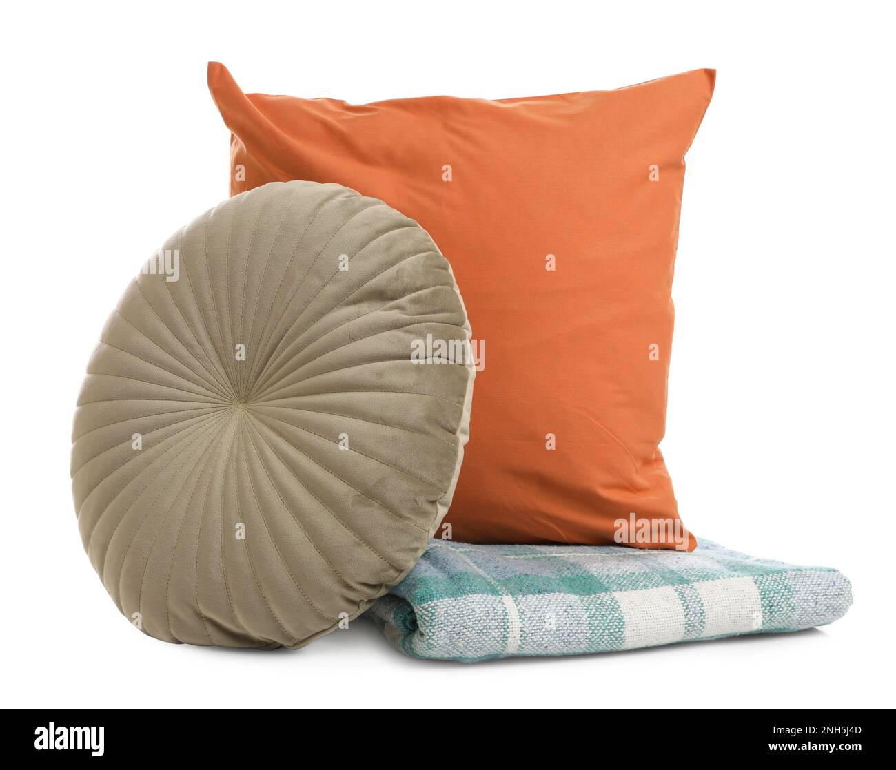Stylish soft pillows and blanket on white background Stock Photo Alamy