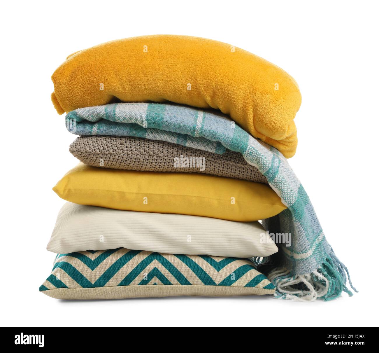 Stylish soft pillows and blankets on white background Stock Photo