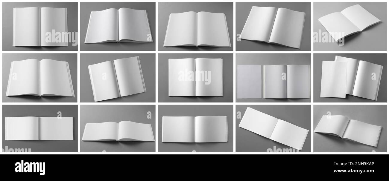 Open blank brochures on grey background, collage. Banner design Stock Photo Alamy