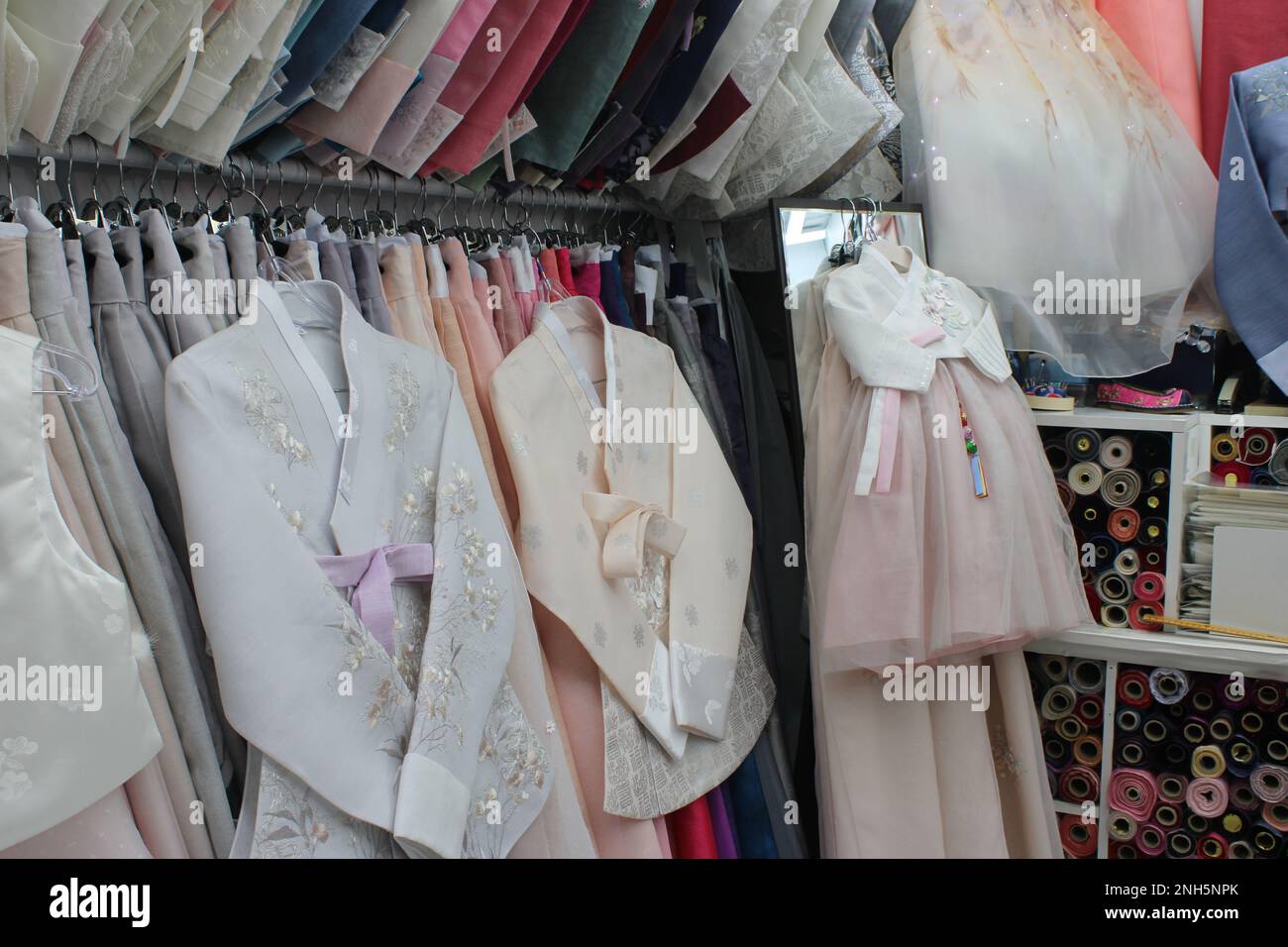 Korean hanbok dresses in tailor shop Stock Photo