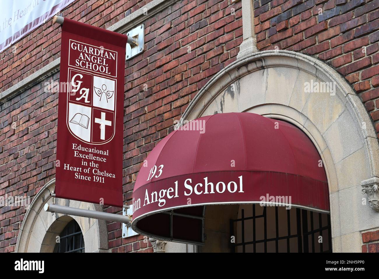 New York, USA. 20th Feb, 2023. Exterior view of Guardian Angel Catholic