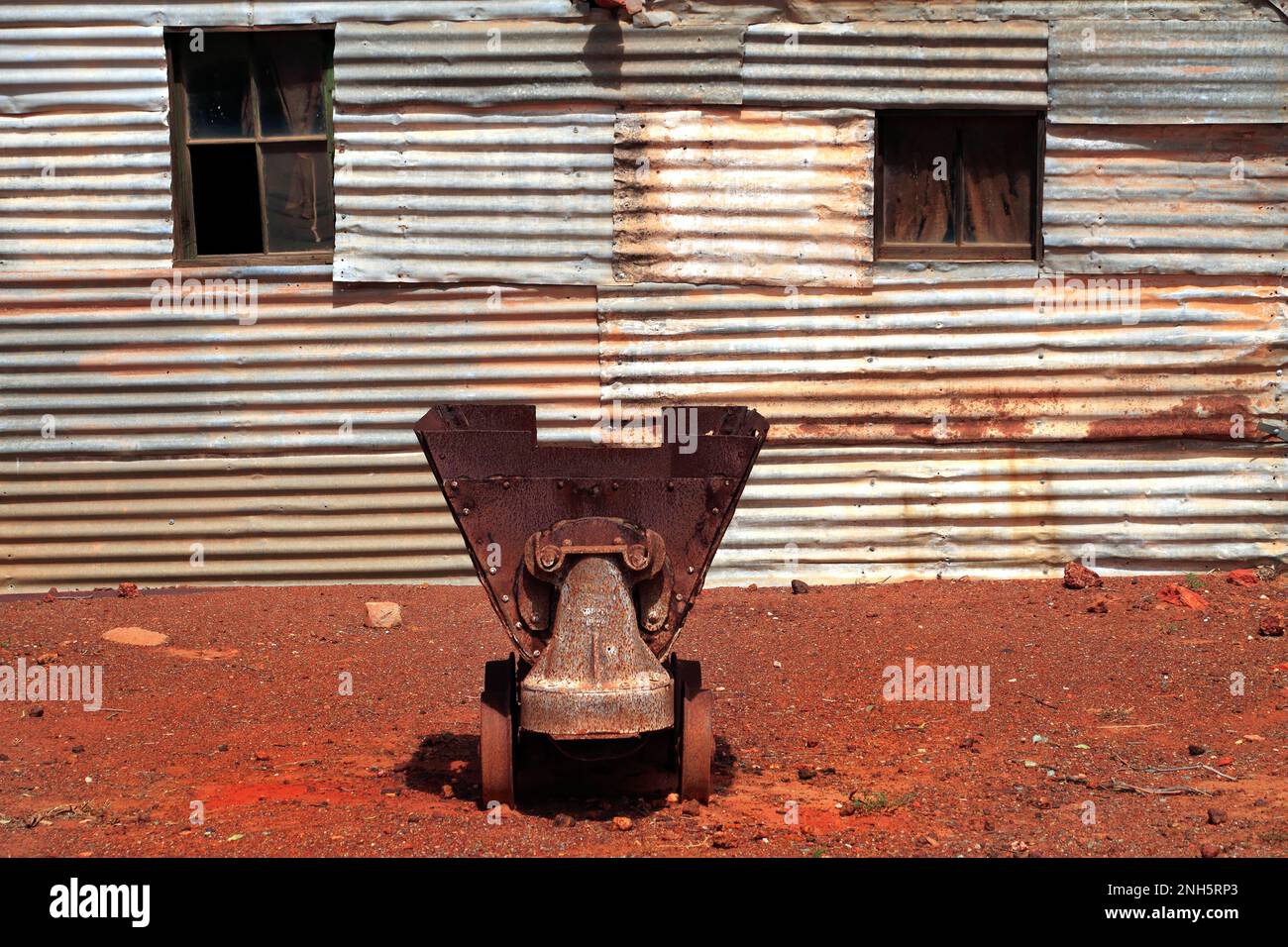 Iron clad home and mining rail cart, Gwalia historical gold mining town, Leonora,   Western Australia Stock Photo