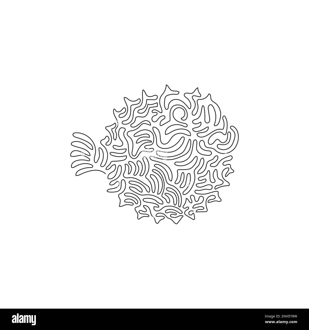 Continuous one line drawing of pufferfish which spines on skin. Curve abstract art. Single line editable vector illustration of cute balloonfish Stock Vector