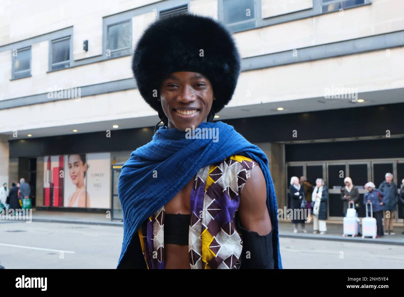 London, UK. 20th February, 2023.  Saul Nash fashion show attendees outside the British Fashion Council (BFG) NEWGEN Show Space at the Old Selfridges Hotel. Credit: Eleventh Hour Photography/Alamy Live News Stock Photo