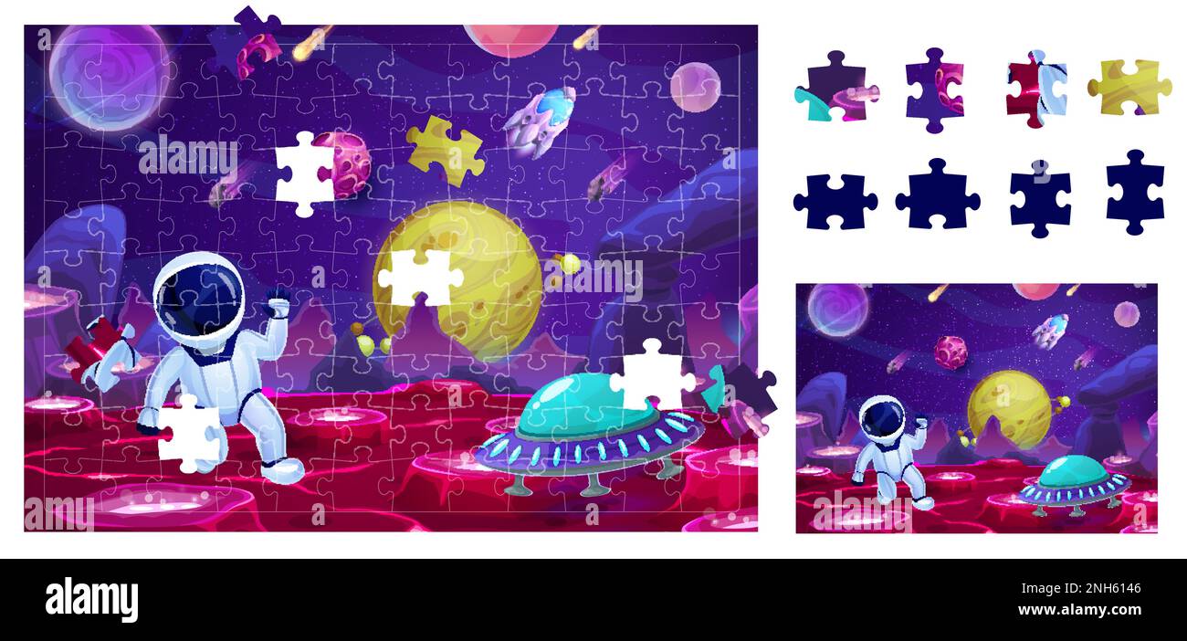 Cartoon astronaut on planet surface and galaxy landscape. Jigsaw puzzle ...