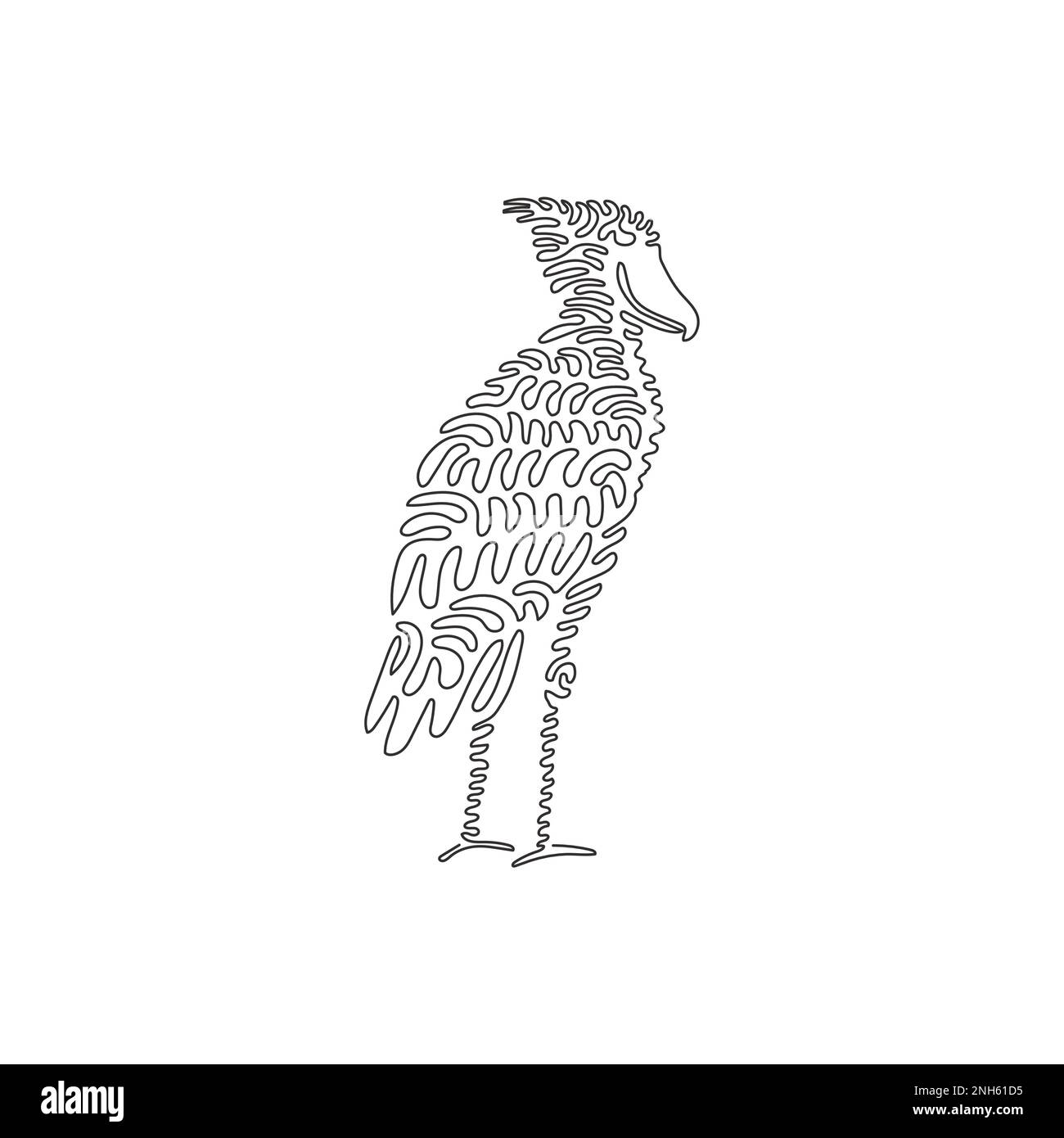 Single one curly line drawing of adorable standing shoebill abstract art. Continuous line drawing design vector illustration of cute wading bird Stock Vector