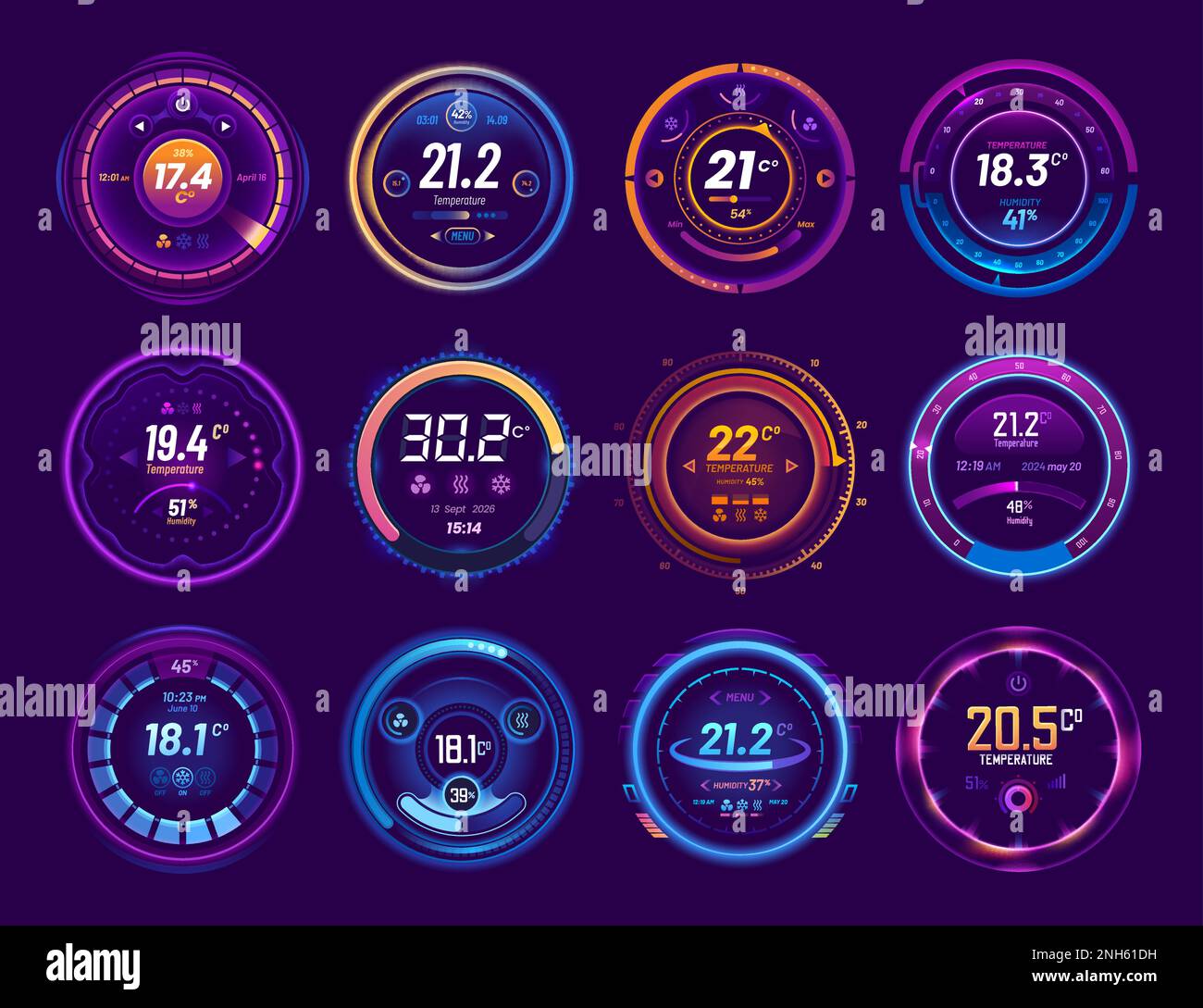 Thermostat icons. Smart thermometer and temperature control dial. House