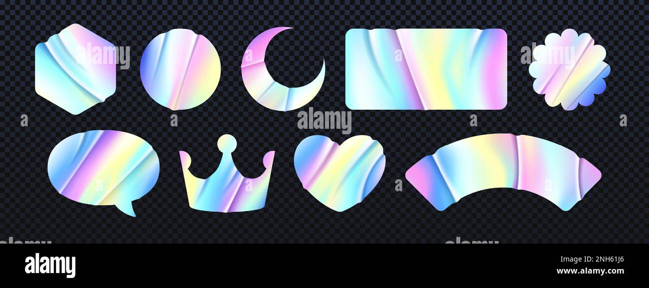 Holographic iridescent texture sticker or label, pearlescent rainbow or unicorn blur badge with soft pastel colors, vector stamp with gradient ombre neon effect, heart, round shape price or sale tag Stock Vector