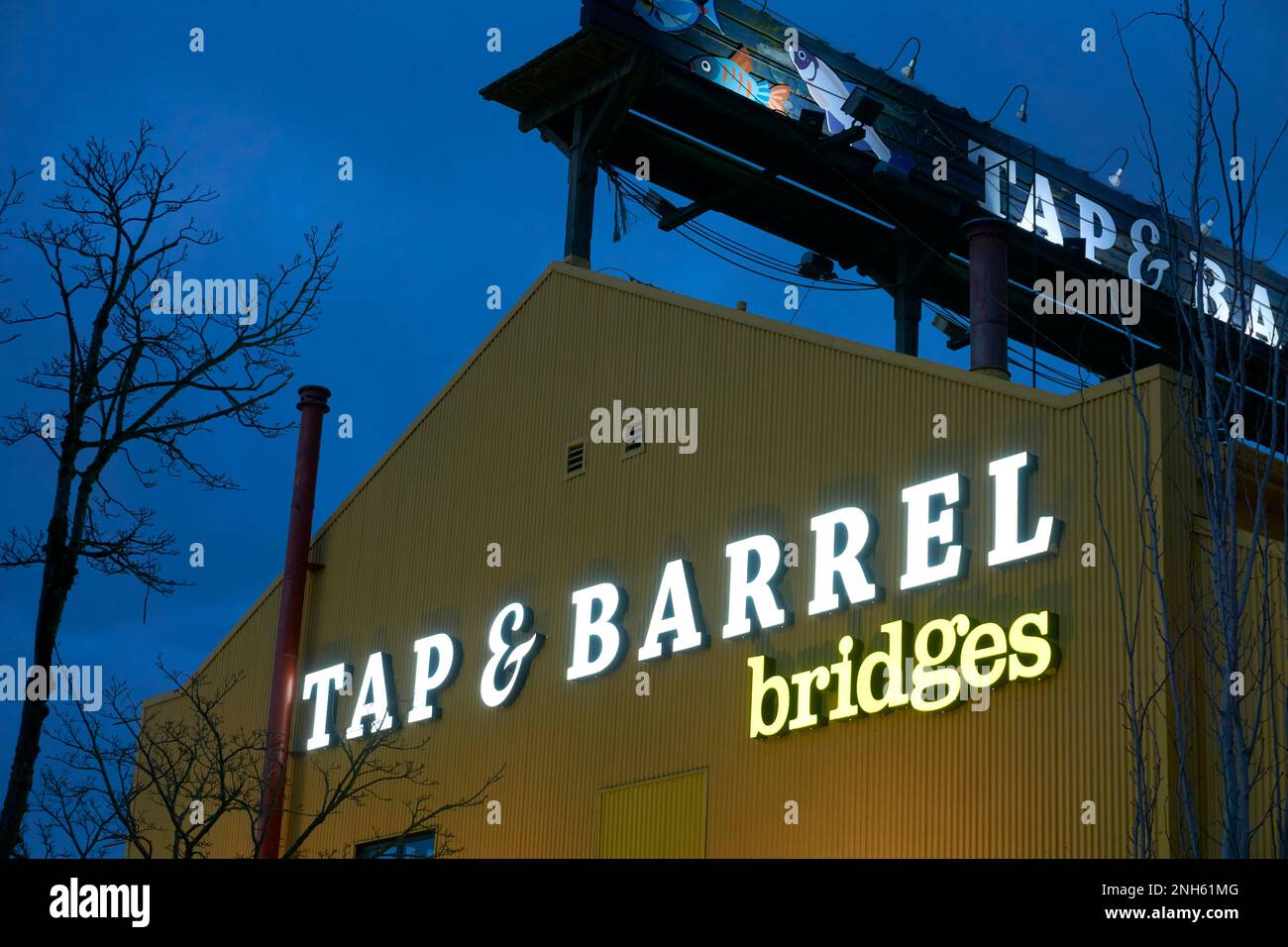 Bridges Tap and Barrel restaurant at dusk, Granville Island, Vancouver