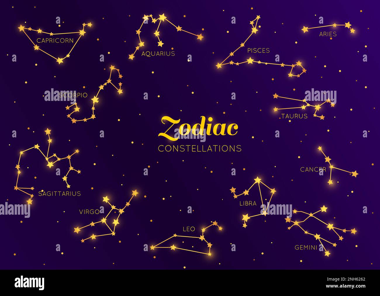 Golden zodiac constellations, vector sky map with Aries, Taurus, Gemini or Cancer. Leo, Virgo, Libra, Scorpio or Sagittarius and Capricorn with Aquari Stock Vector