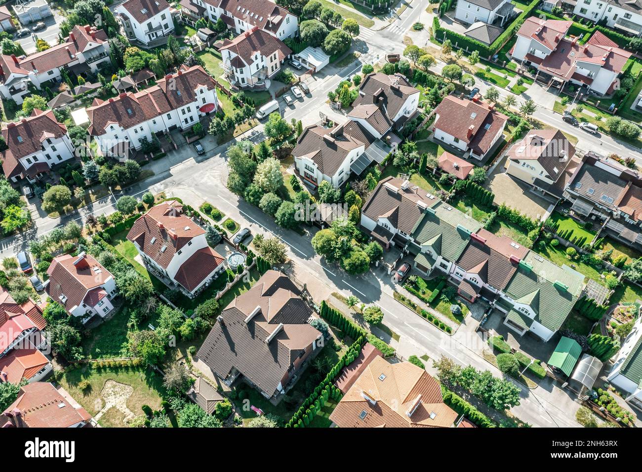 aerial view of suburban landscape with private homes in quiet residential area Stock Photo
