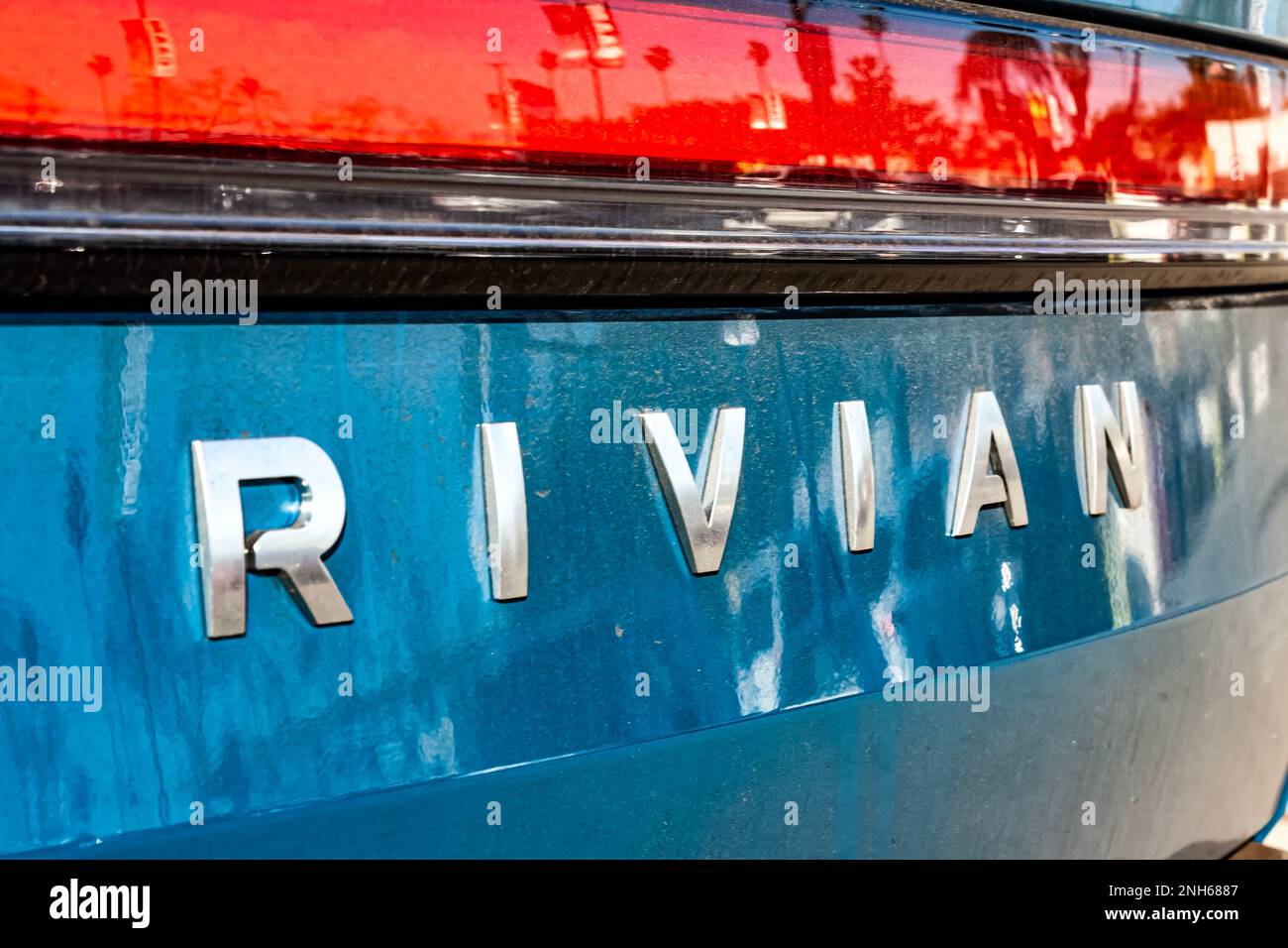 Rivian electric truck emblem Stock Photo