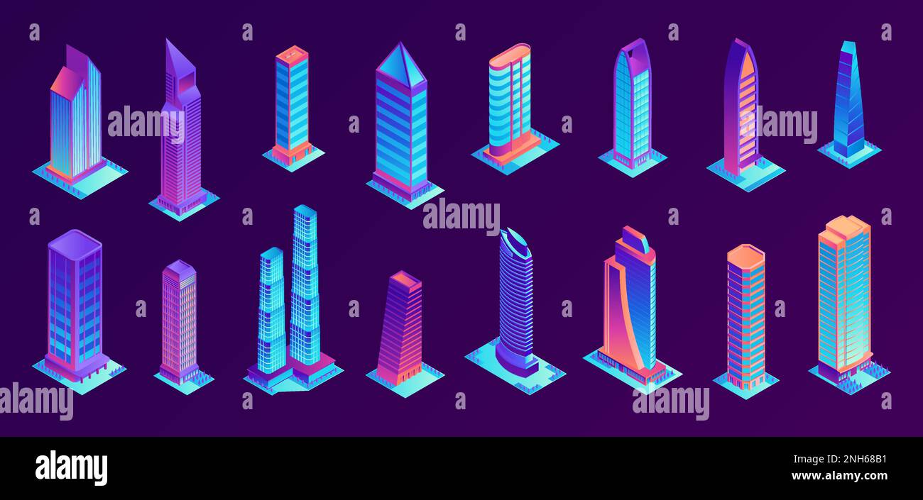 Isometric city skyscrapers color set with isolated images of neon colored high storey buildings futuristic architecture vector illustration Stock Vector