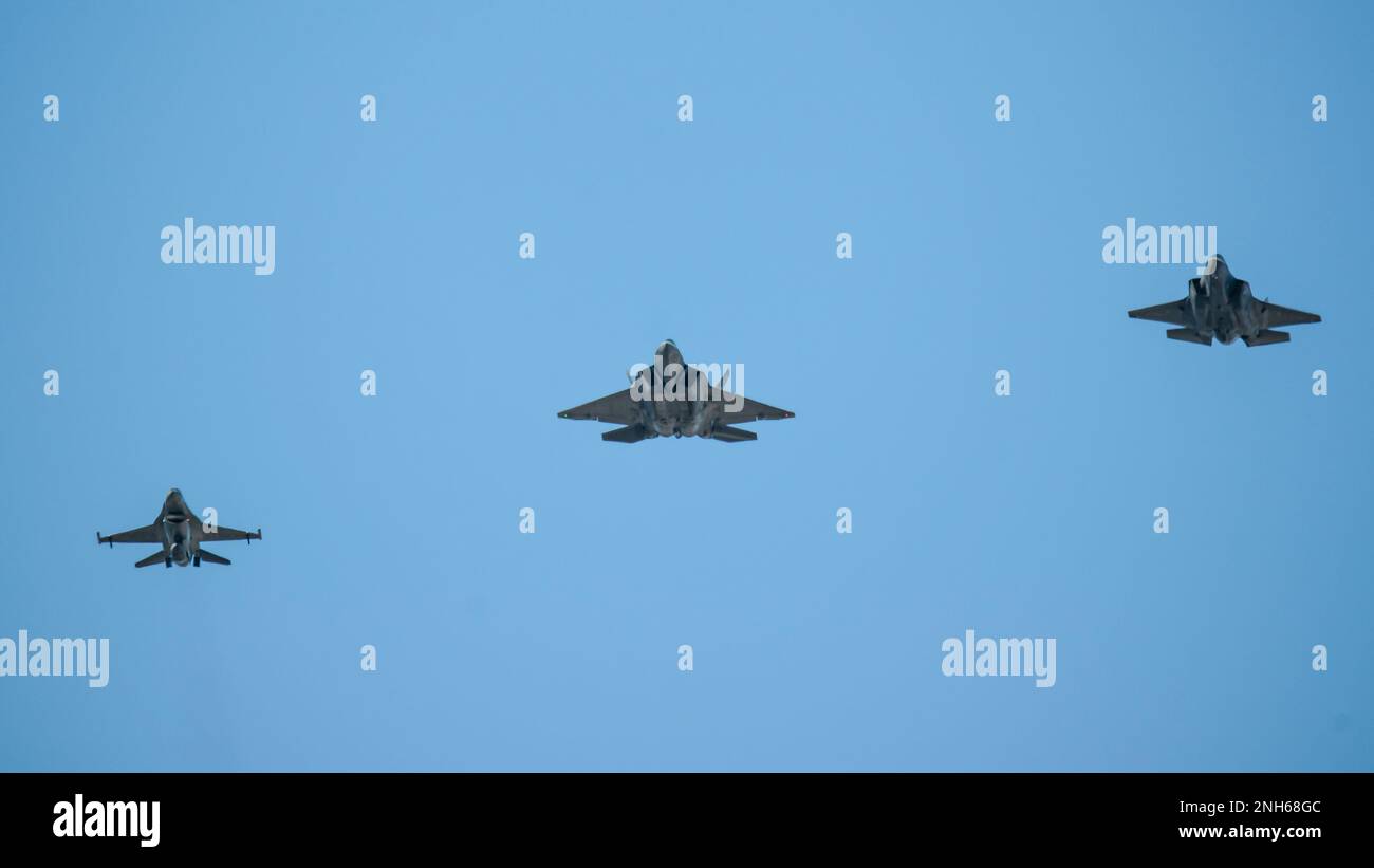 An F-16 Fighting Falcon, F-22 Raptor and F-35 Lightning II conduct a ...