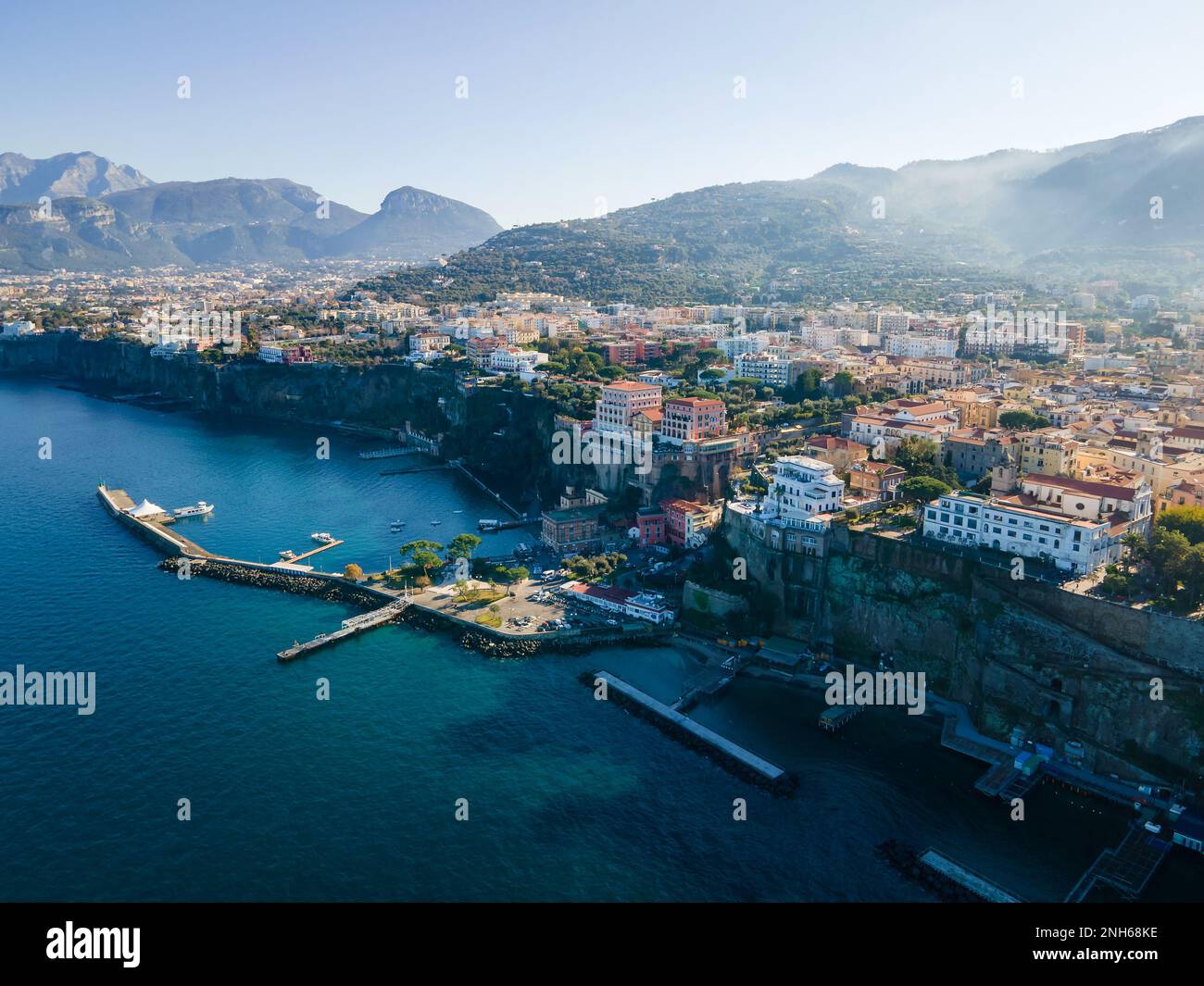 Aerial view of Sorrento coastal town in southwestern Italy and amazing coast of the Bay of Naples on the Sorrentine Peninsula at sunrise Stock Photo