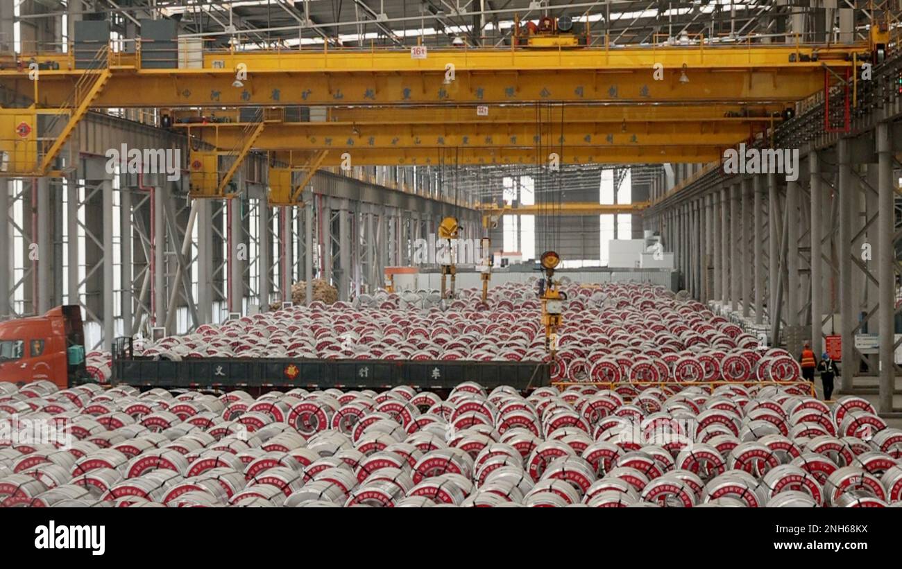 Tianjin. 21st Feb, 2023. Steel coils are to be delivered to domestic and overseas customers in a warehouse of Tianjin Xinyu Color Plate Co., Ltd. in Tianjin, north China, Feb. 2, 2023. TO GO WITH 'Economic Watch: China's Tianjin revs up foreign trade to fuel growth' Credit: Xinhua/Alamy Live News Stock Photo