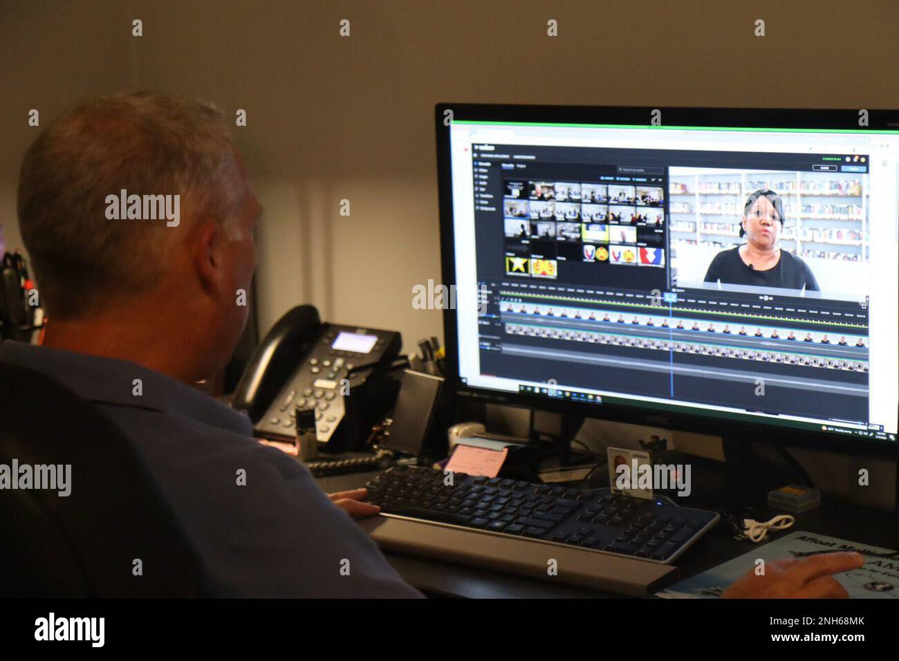 Jerry Woller, lead photographer, Fort Campbell Directorate of Plans, Training and Mobilization, edits a microlearning video featuring Debbie Sutton, Equal employment opportunity specialist, Fort Campbell Equal Employment Opportunity Program. DPTMS’s goal is to release one video in the series per month, each one covering the key points of a different professional development topic in two to four minutes. Stock Photo