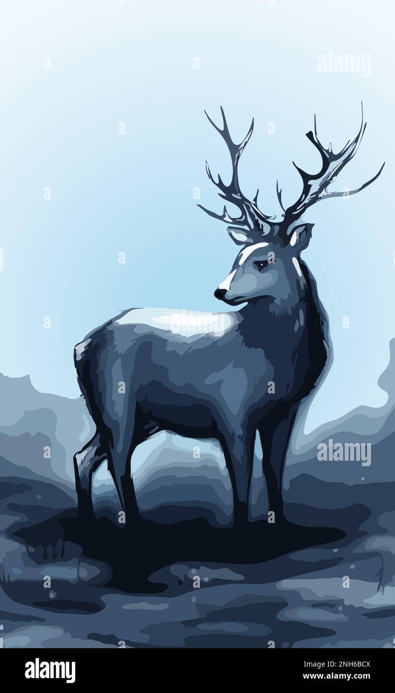 Winter snow forest navy deer with big horns vector art illustration ...