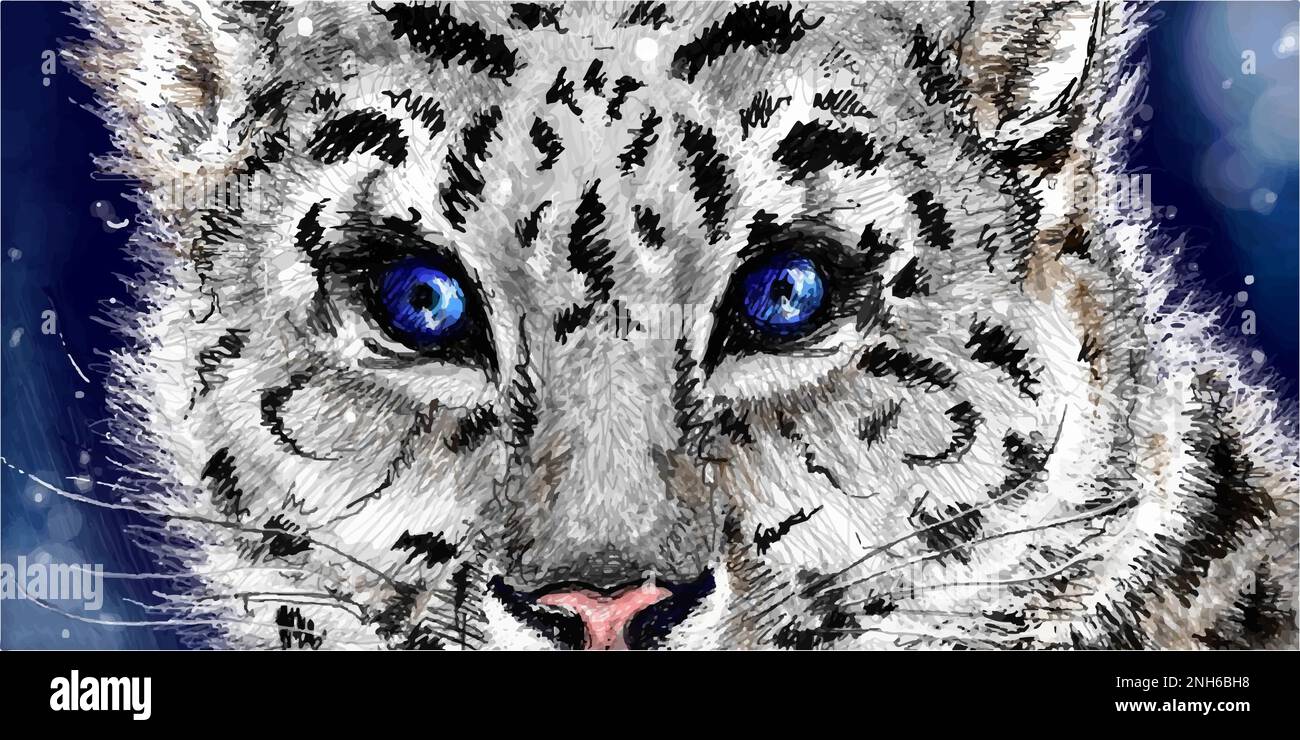 Little cute sketched snow leopard on navy blue background. Stock Vector