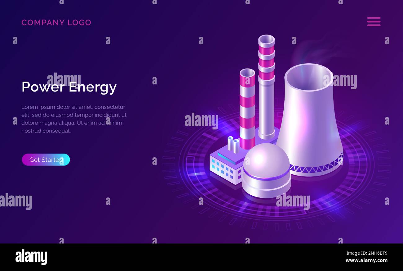 Power energy isometric concept vector illustration. Nuclear power plant icon with smoking pipe and industrial buildings for generator, reactor. Clean energy technology, web page design Stock Vector