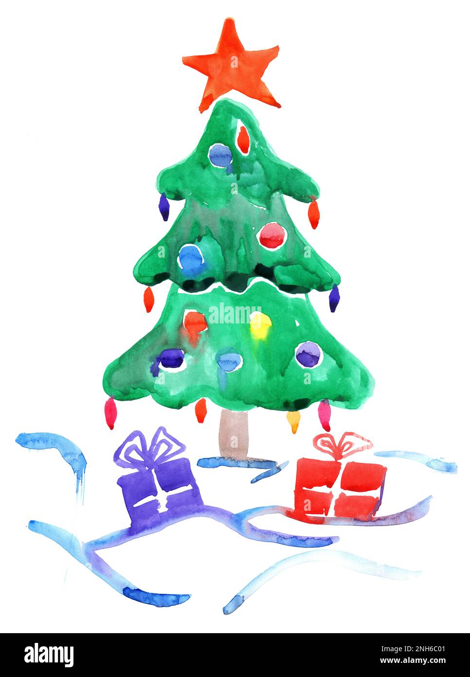 Watercolor Christmas tree with balls and gifts isolated art Stock Photo ...