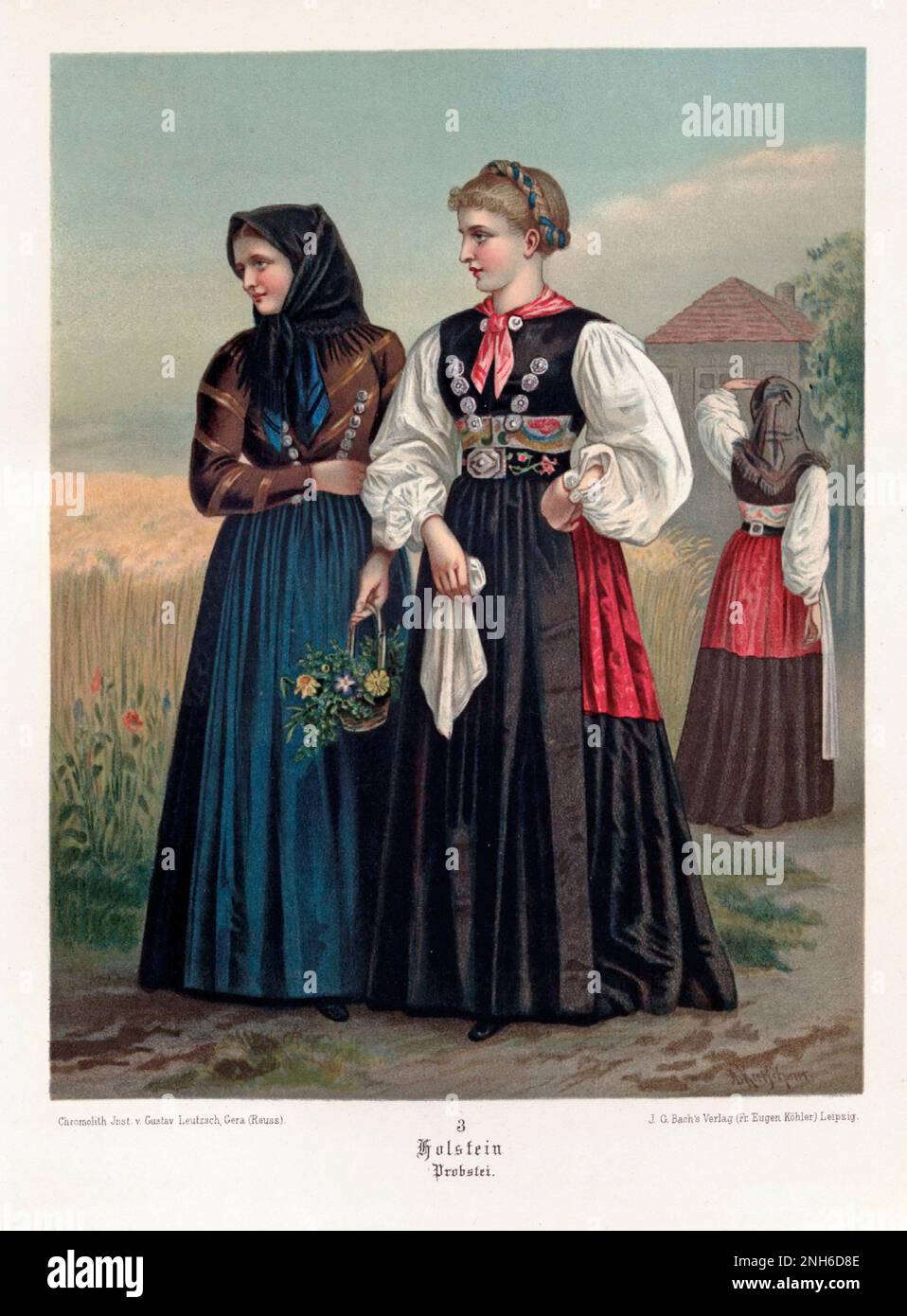 German folk costume. Holstein. 19th-century lithography. Stock Photo