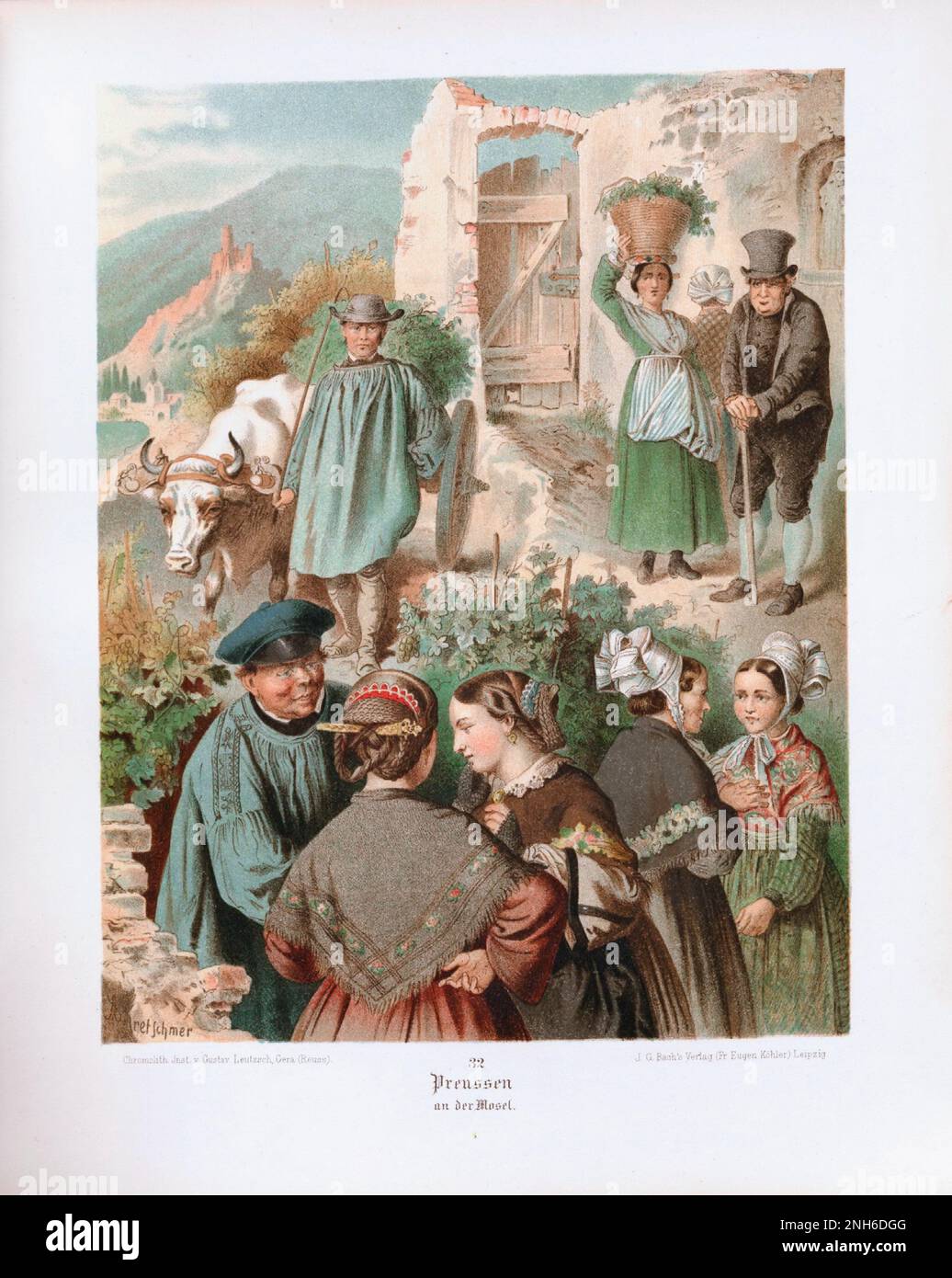 German folk costume. Prussia (Germ. Preussen). 19th-century lithography. Stock Photo