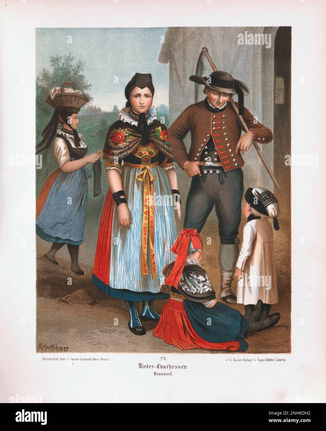German folk costume. Nieder-Churhessen. 19th-century lithography. Stock Photo