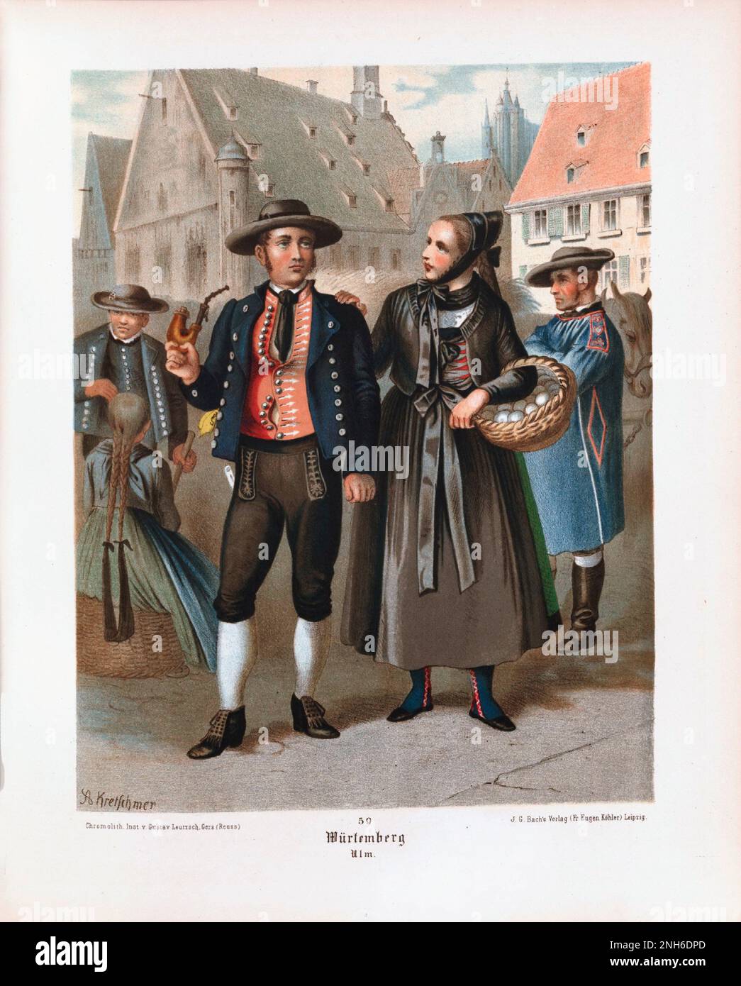 German folk costume. Württemberg, Ulm. 19th-century lithography. Stock Photo