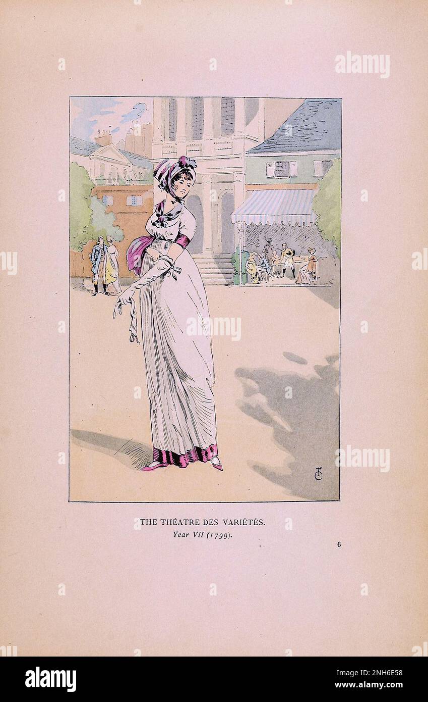 Vintage fashion in Paris. The Theatre des Varietes, 1799. The various phases of feminine taste and aesthetics from 1797 to 1897 Stock Photo