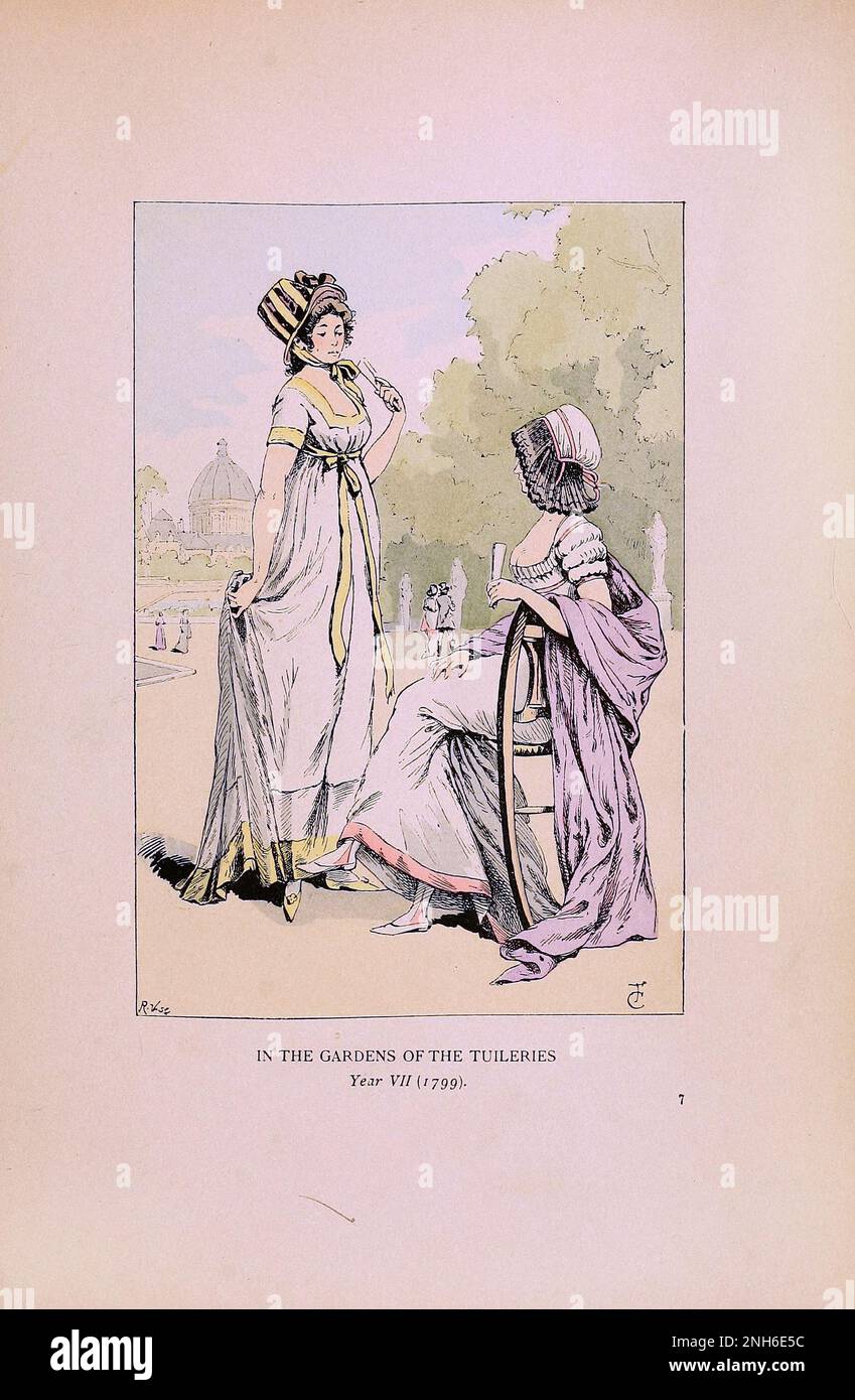 Vintage fashion in Paris. In the Gardens of the Tuileries. 1799. The various phases of feminine taste and aesthetics from 1797 to 1897 Stock Photo