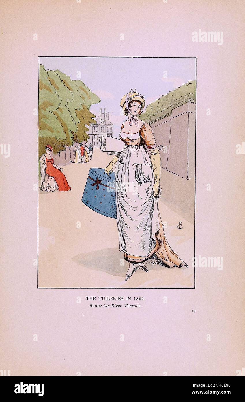 Vintage fashion in Paris. The Tuileries in 1802. Below the River Terrace. The various phases of feminine taste and aesthetics from 1797 to 1897 Stock Photo