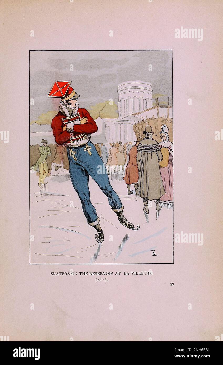 Vintage fashion in Paris. Skaters on the Reservoirs at La Villette, 1813.   The various phases of feminine taste and aesthetics from 1797 to 1897 Stock Photo