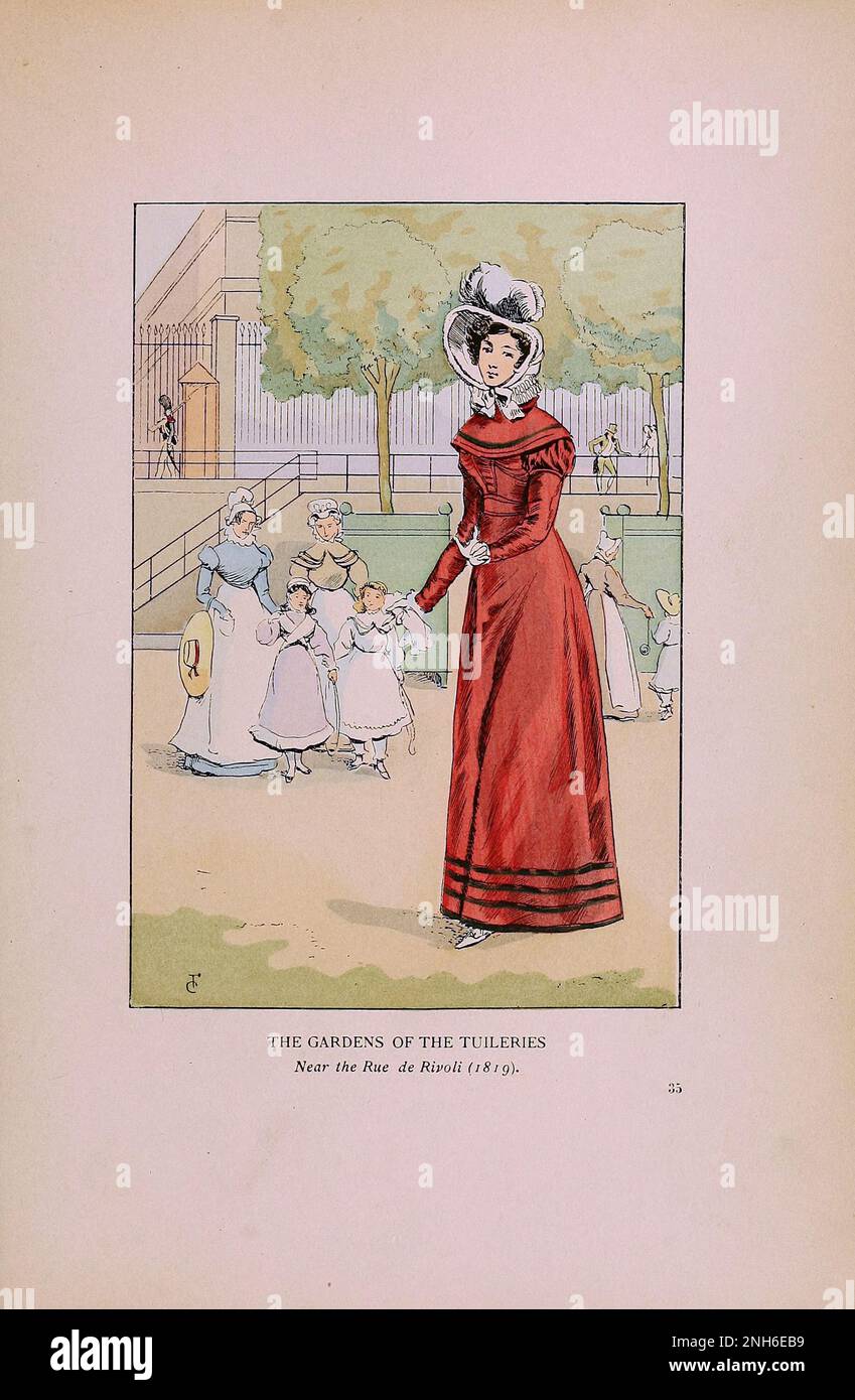 Vintage fashion in Paris. The Gardens of the Tuileries. Near the Rue de Rivoli, 1819.   The various phases of feminine taste and aesthetics from 1797 to 1897 Stock Photo