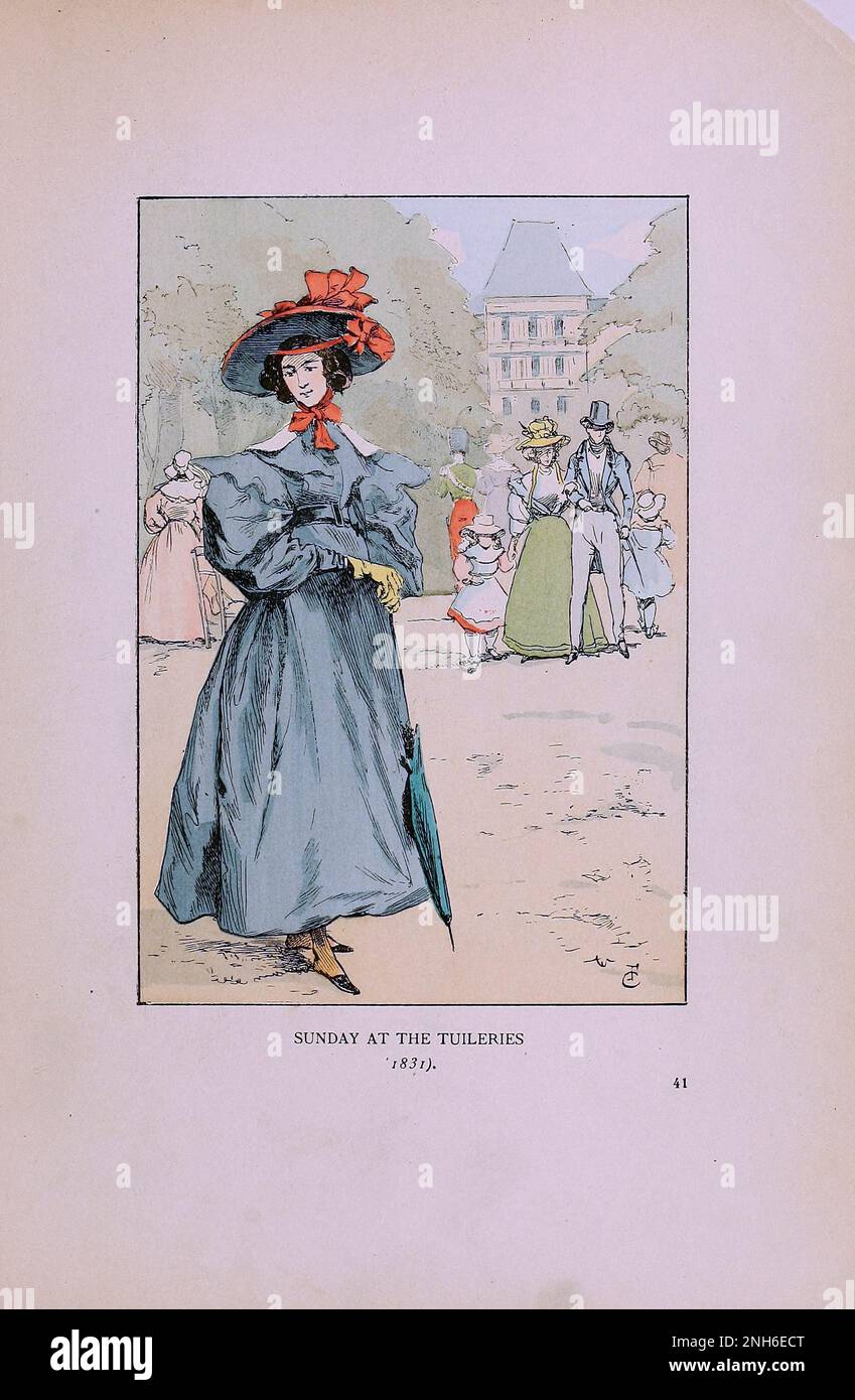 Vintage fashion in Paris. Sunday at the Tuileries, 1831  The various phases of feminine taste and aesthetics from 1797 to 1897 Stock Photo