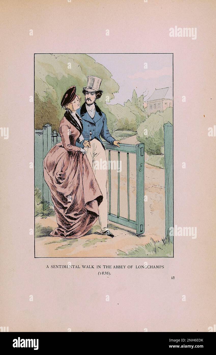 Vintage fashion in Paris. A Sentimental Walk in the Abbey of Longchamps, 1836.  The various phases of feminine taste and aesthetics from 1797 to 1897 Stock Photo