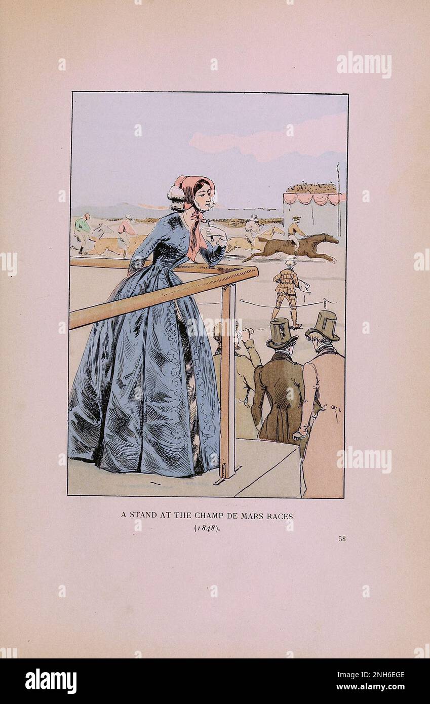 Vintage fashion in Paris. A Stand at the Champ de Mars Races, 1848.  The various phases of feminine taste and aesthetics from 1797 to 1897 Stock Photo