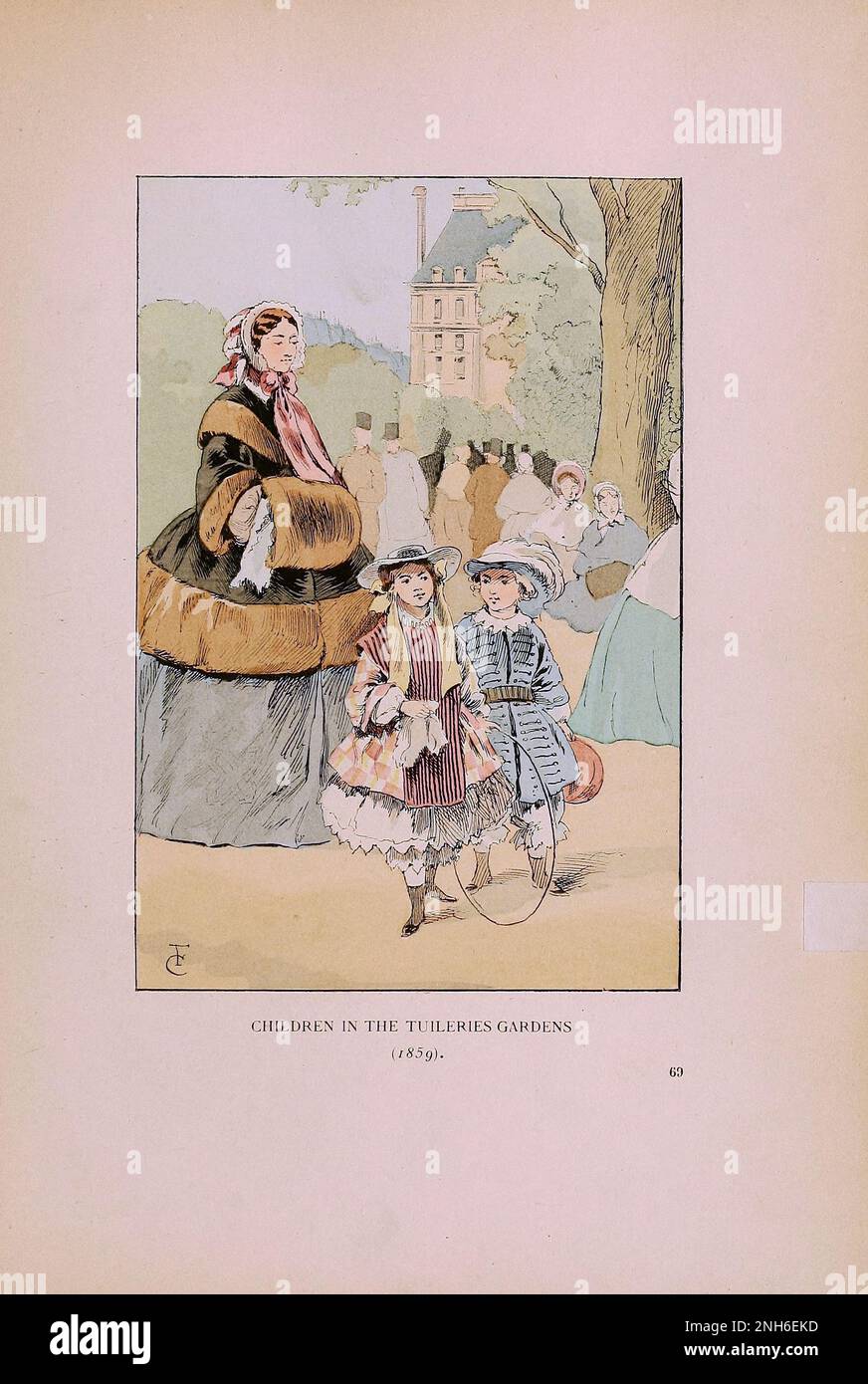 Vintage fashion in Paris. Children in the Tuileries Gardens, 1859.   The various phases of feminine taste and aesthetics from 1797 to 1897 Stock Photo