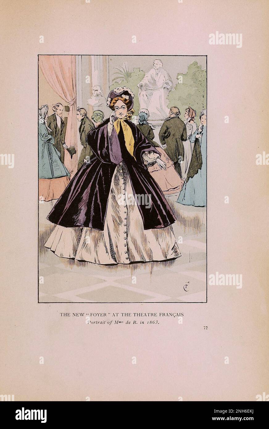 Vintage fashion in Paris. The New 'Foyer' at the Theatre Francais. Portrait of Mme. de R. in 1863.  The various phases of feminine taste and aesthetics from 1797 to 1897 Stock Photo