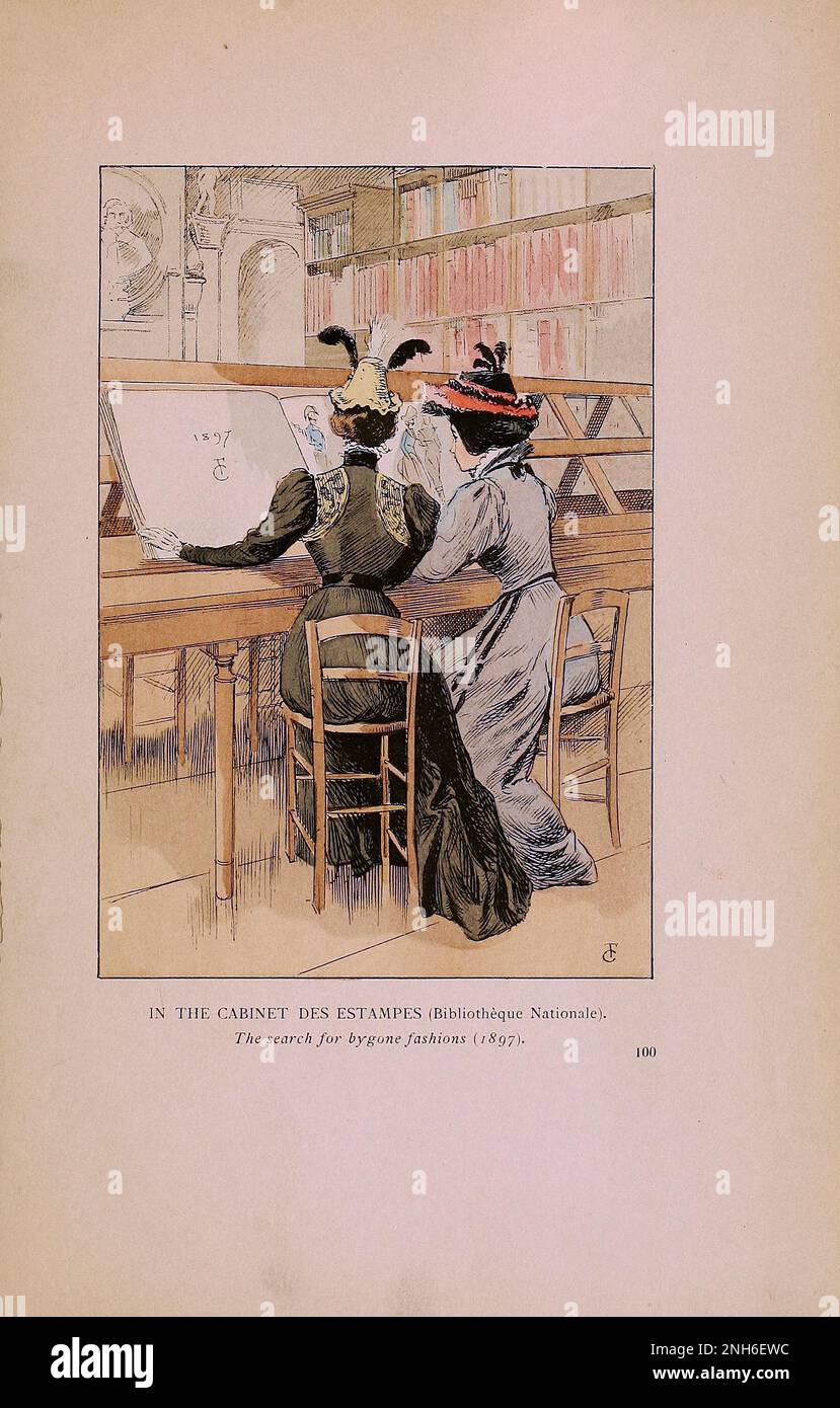 Vintage fashion in Paris. In the Cabinet des Estampes (Bibliotheque Nationale. The Search for Bygone Fashions, 1897.   The various phases of feminine taste and aesthetics from 1797 to 1897 Stock Photo