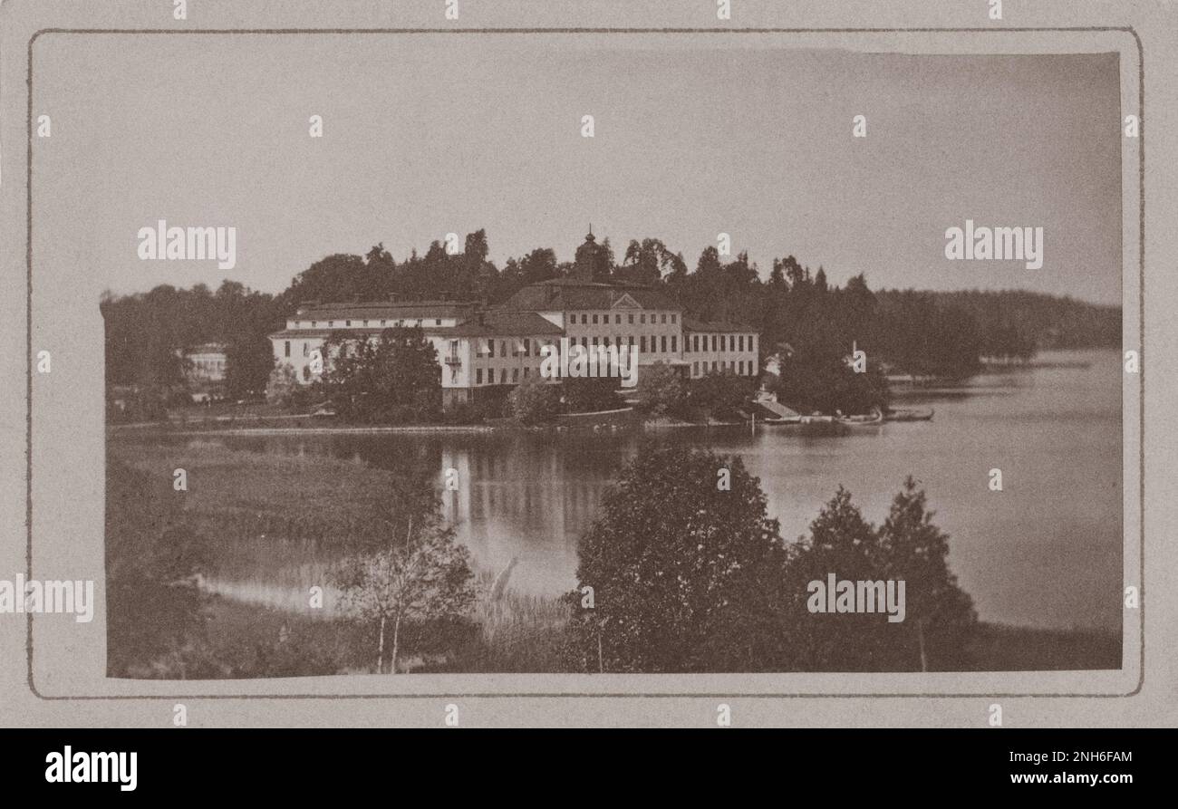 Vintage photo of Ulriksdal Castle (Palace). 1865 - 1875 Ulriksdal Palace (Swedish: Ulriksdals slott) is a royal palace situated on the banks of the Edsviken in the Royal National City Park in Solna Municipality, 6 km north of Stockholm. It was originally called Jakobsdal for its owner Jacob De la Gardie, who had it built by architect Hans Jacob Kristler in 1643–1645 as a country retreat. Stock Photo