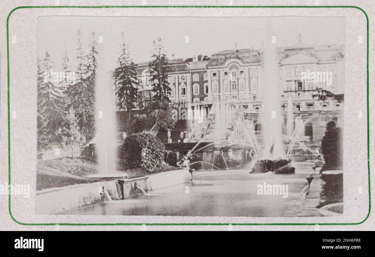 Vintage photo of Peterhof Palace in the city of Peterhof outside St. Petersburg. 1875 - 1885 Stock Photo
