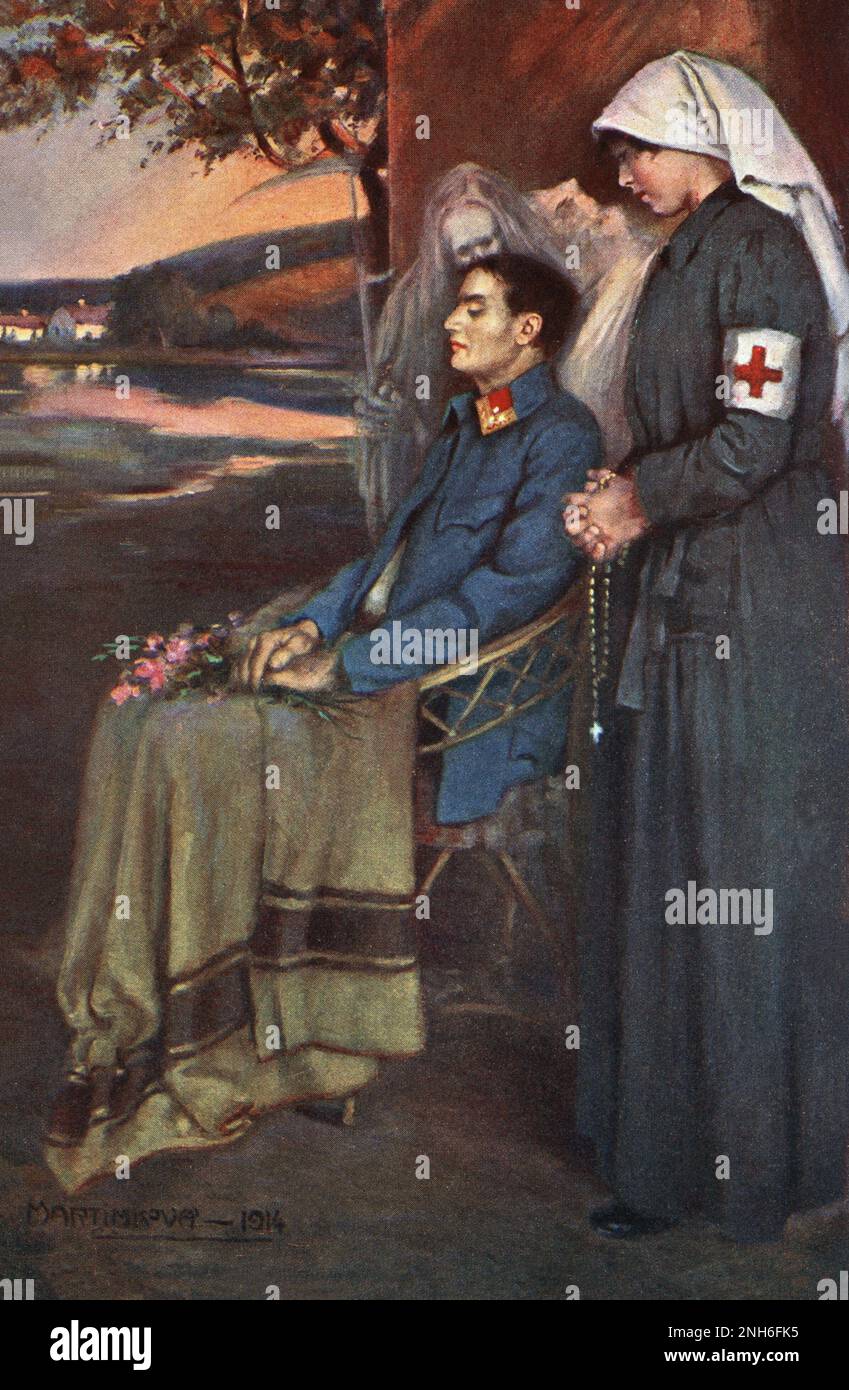 World War I. Soldier, nurse, and Grim Reaper. 1914 A color postcard featuring a soldier sitting in a chair outside and a nurse standing behind him. He is wearing a blue uniform and his eyes are closed. There are flowers laying on his lap. A nurse standing behind him is holding a rosary and dressed in dark clothing with a white head covering and a white armband with a red cross on it. Visible over the soldier's right shoulder is the Grim Reaper, shown as a skeletal figure dressed in a shroud and holding a scythe. Stock Photo