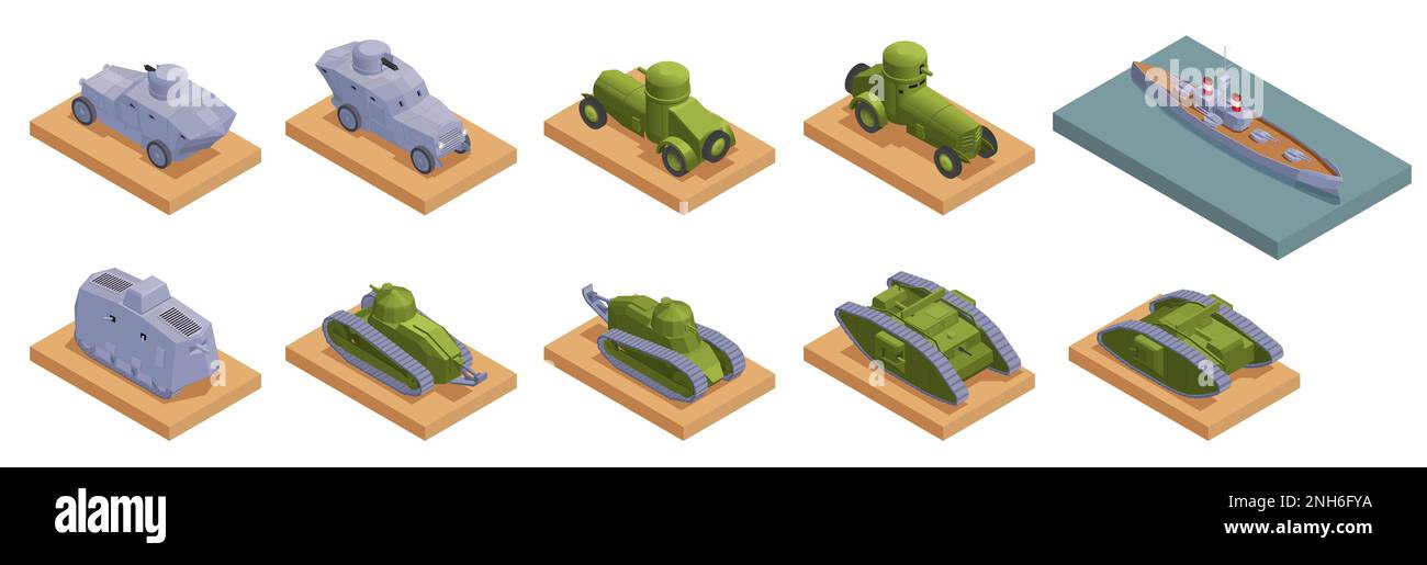 First world war military vehicles ships and armored tanks isometric vector illustration Stock Vector