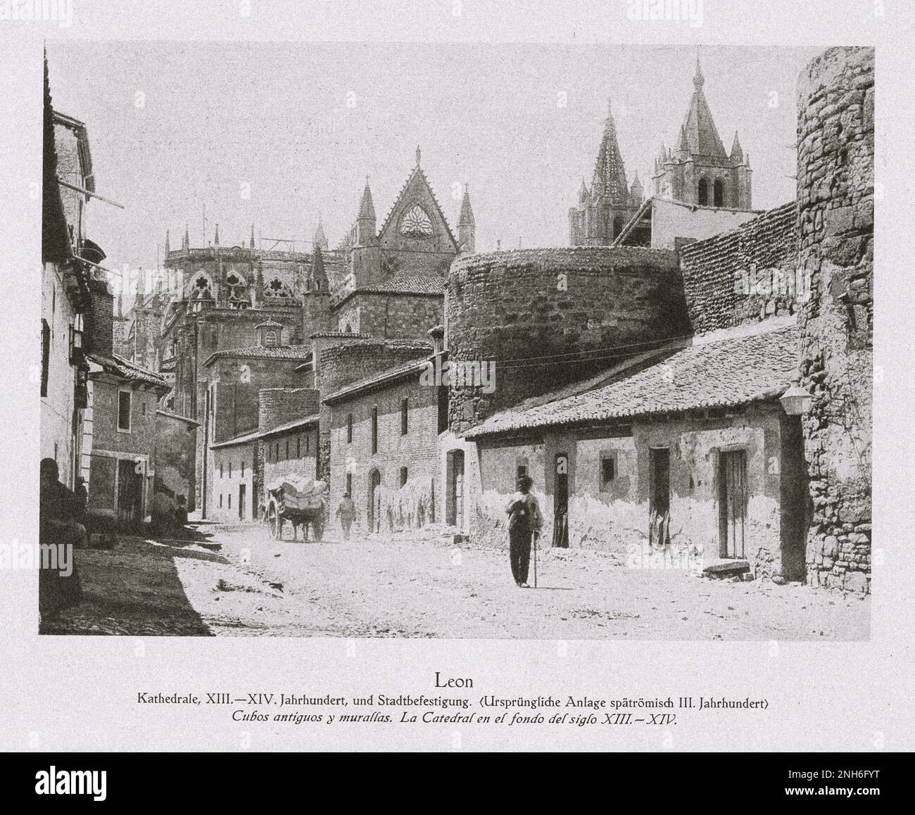 Architecture of Old Spain. Vintage photo of Leon. Cathedral, XIII-XIV centuries, and city fortification. (Original complex of the late Roman of the 3rd century) Stock Photo