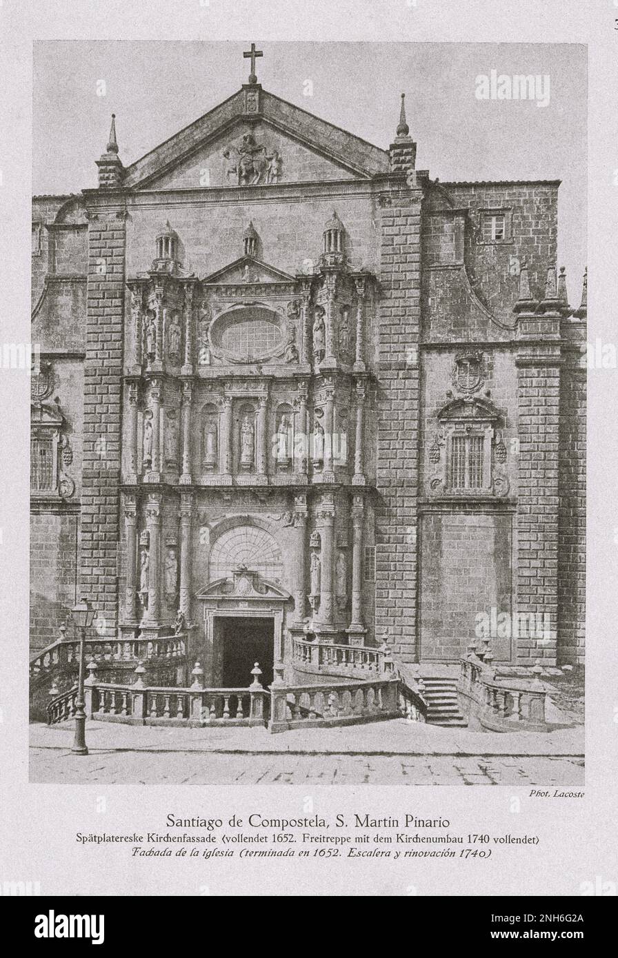 Architecture of Old Spain. Vintage photo of St. Martin Pinario in Santiago de Compostela.  The monastery of San Martiño Pinario (San Martín Pinario in Castilian) was a Benedictine monastery in the city of Santiago de Compostela, Galicia, Spain. Stock Photo