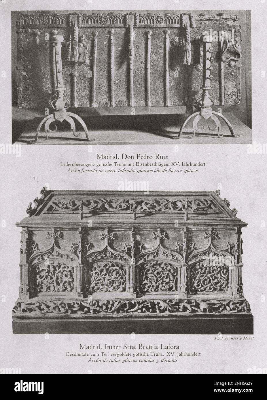 Art of Old Spain. Don Pedro Ruiz, Madrid. Vintage photo of leather covered Gothic chest with iron fittings. XV century (top) Beatriz Lafora, Madrid. Ornate partly gilded Gothic chest. XV century Stock Photo